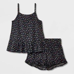 Girls 2pc Ruffle Tank Top Shorts Pajama Set Black with colorful hearts 💞…